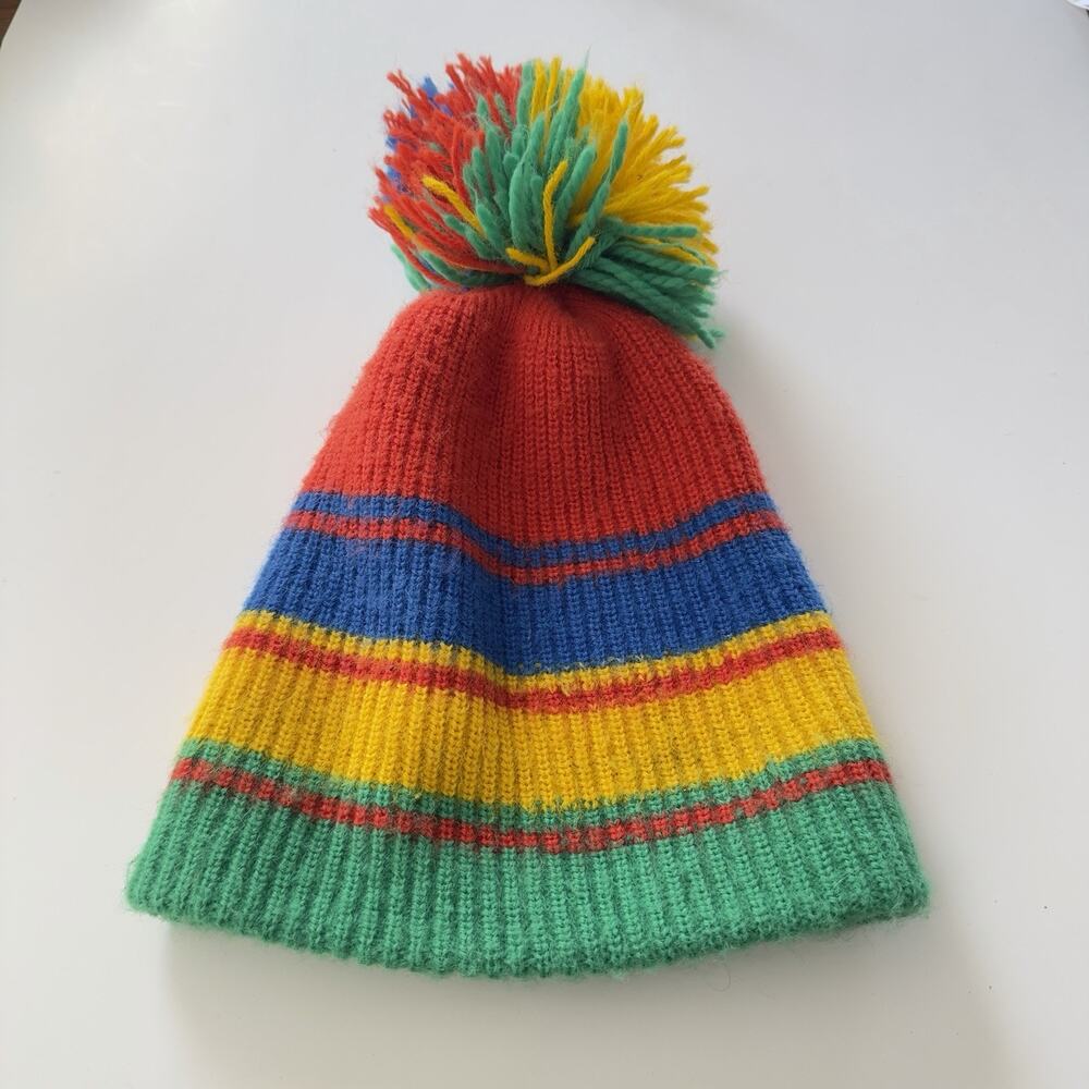 Vintage Retro Style Striped Knit Beanie - Bright Primary Color Pom Pom Ski Hat